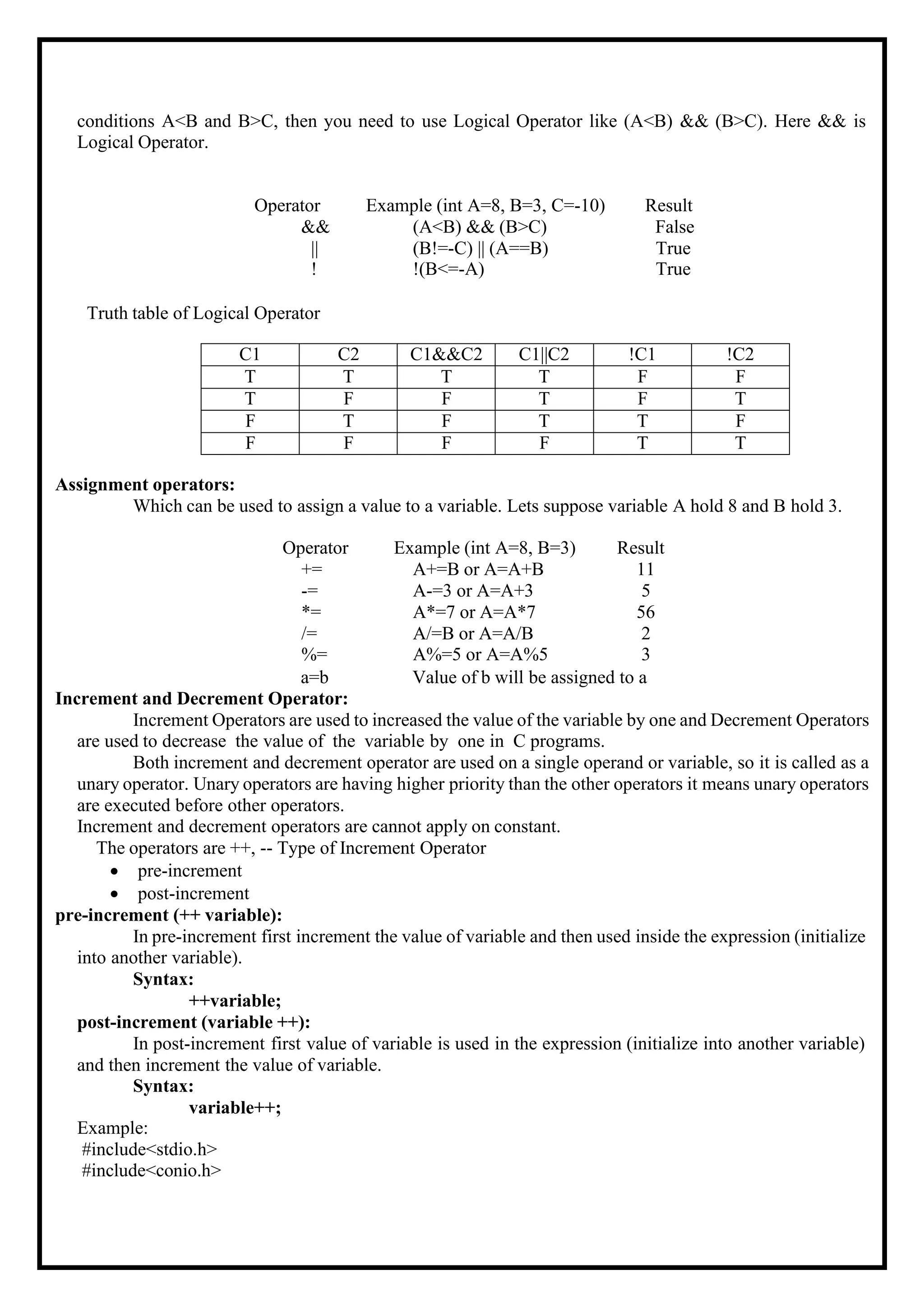 conditions A<B and B>C, then you need to use Logical Operator like (A<B) && (B>C). Here && is Logical Operator. Operator Example (int A=8, B=3, C=-10) Result && (A<B) && (B>C) False || (B!=-C) || (A==B) True ! !(B<=-A) True Truth table of Logical Operator C1 C2 C1&&C2 C1||C2 !C1 !C2 T T T T F F T F F T F T F T F T T F F F F F T T Assignment operators: Which can be used to assign a value to a variable. Lets suppose variable A hold 8 and B hold 3. Operator Example (int A=8, B=3) Result += A+=B or A=A+B 11 -= A-=3 or A=A+3 5 *= A*=7 or A=A*7 56 /= A/=B or A=A/B 2 %= A%=5 or A=A%5 3 a=b Value of b will be assigned to a Increment and Decrement Operator: Increment Operators are used to increased the value of the variable by one and Decrement Operators are used to decrease the value of the variable by one in C programs. Both increment and decrement operator are used on a single operand or variable, so it is called as a unary operator. Unary operators are having higher priority than the other operators it means unary operators are executed before other operators. Increment and decrement operators are cannot apply on constant. The operators are ++, -- Type of Increment Operator • pre-increment • post-increment pre-increment (++ variable): In pre-increment first increment the value of variable and then used inside the expression (initialize into another variable). Syntax: ++variable; post-increment (variable ++): In post-increment first value of variable is used in the expression (initialize into another variable) and then increment the value of variable. Syntax: variable++; Example: #include<stdio.h> #include<conio.h> 