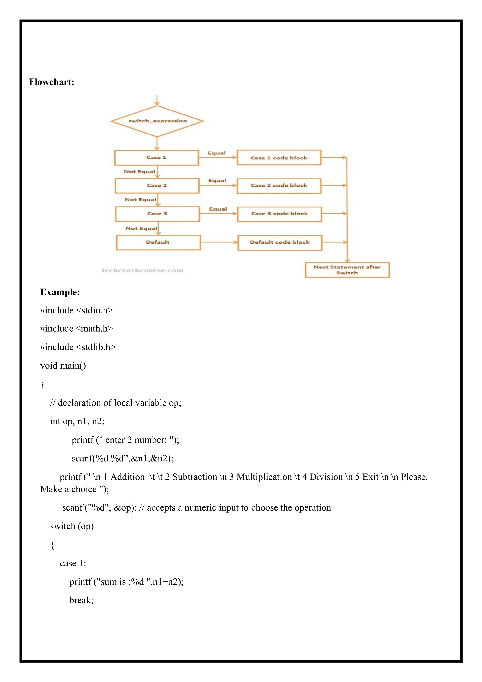 Flowchart: Example: #include <stdio.h> #include <math.h> #include <stdlib.h> void main() { // declaration of local variable op; int op, n1, n2; printf (" enter 2 number: "); scanf(%d %d”,&n1,&n2); printf (" n 1 Addition t t 2 Subtraction n 3 Multiplication t 4 Division n 5 Exit n n Please, Make a choice "); scanf ("%d", &op); // accepts a numeric input to choose the operation switch (op) { case 1: printf ("sum is :%d ",n1+n2); break; 