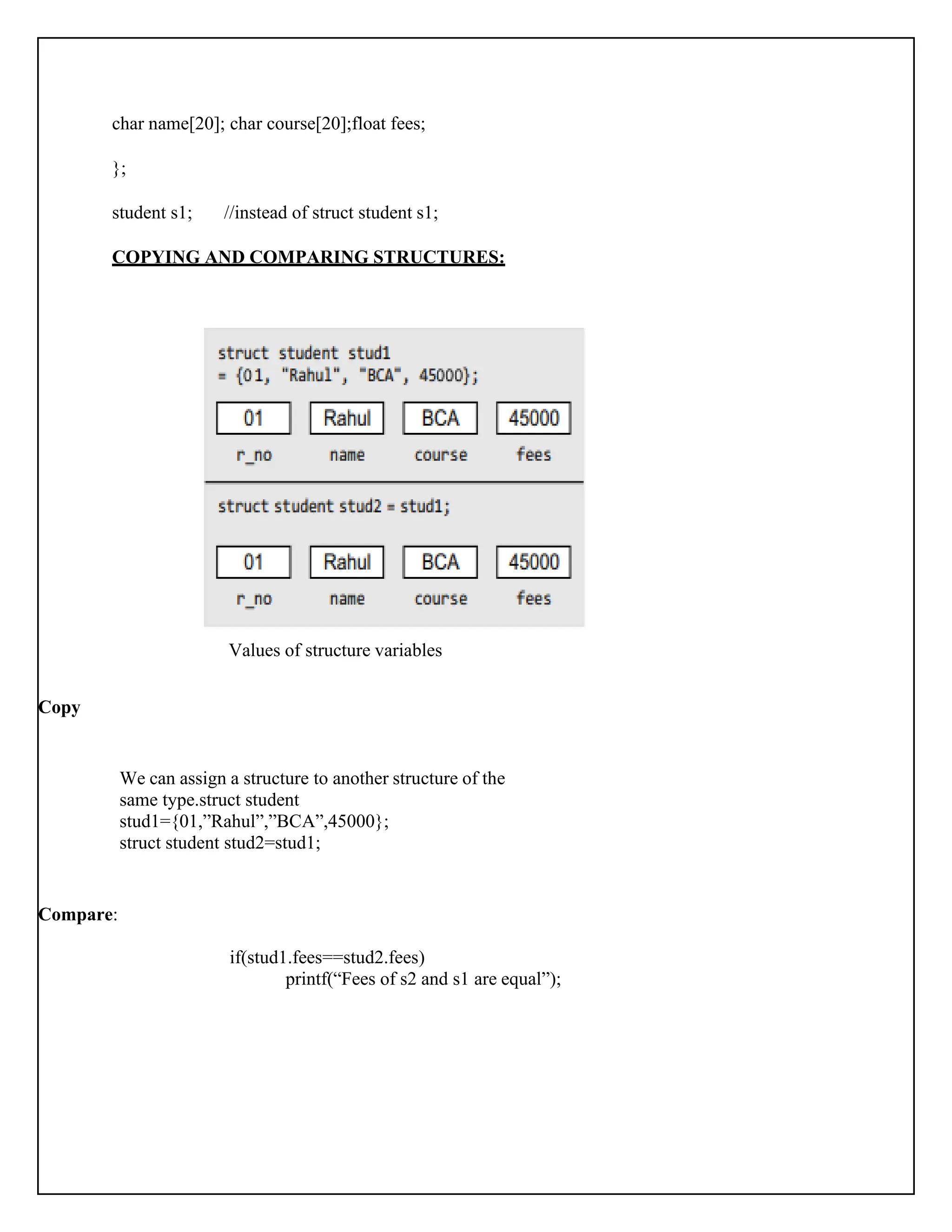 char name[20]; char course[20];float fees; }; student s1; //instead of struct student s1; COPYING AND COMPARING STRUCTURES: Values of structure variables Copy We can assign a structure to another structure of the same type.struct student stud1={01,”Rahul”,”BCA”,45000}; struct student stud2=stud1; Compare: if(stud1.fees==stud2.fees) printf(“Fees of s2 and s1 are equal”); 