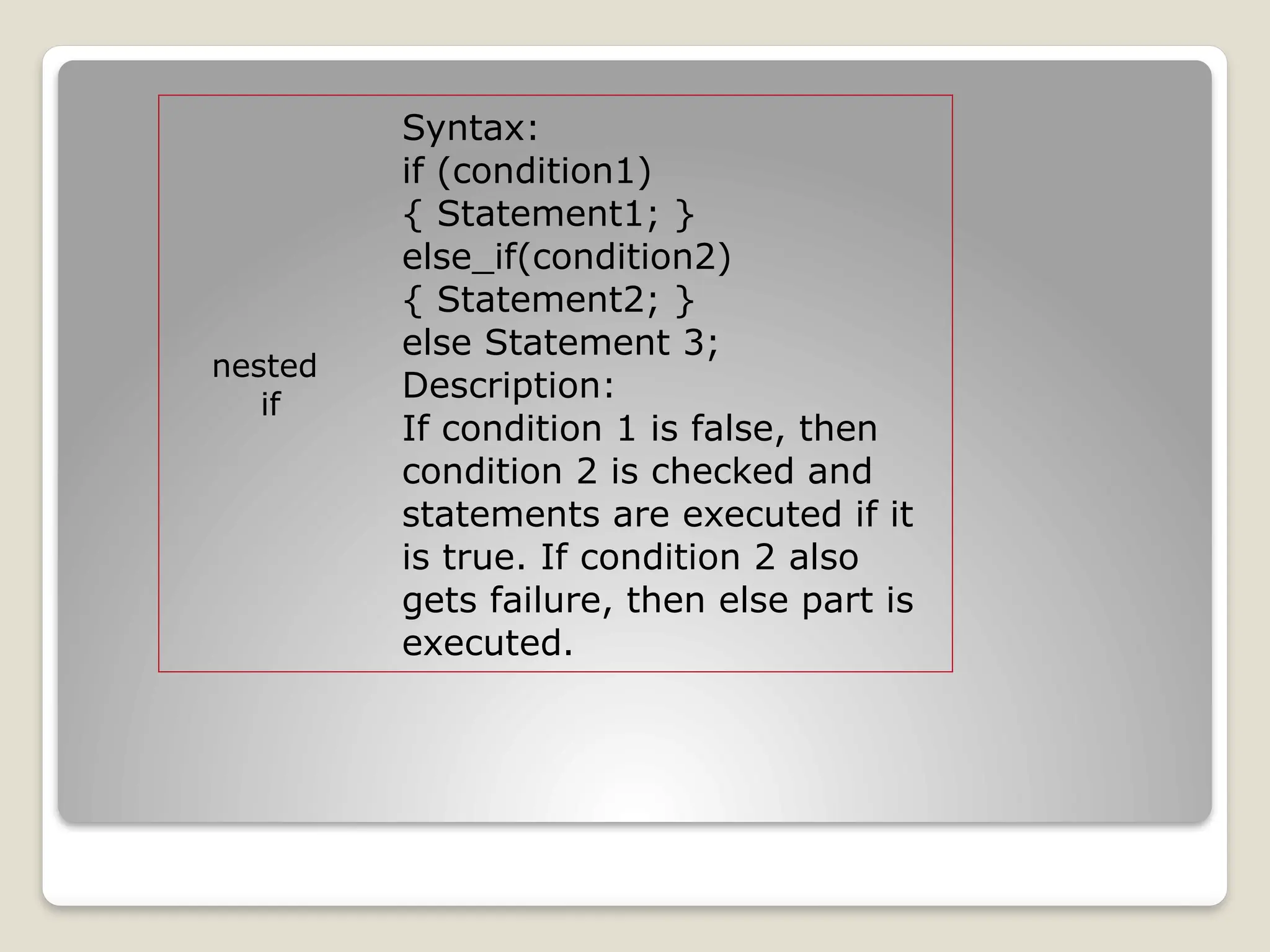 nested
if
Syntax:
if (condition1)
{ Statement1; }
else_if(condition2)
{ Statement2; }
else Statement 3;
Description:
If condition 1 is false, then
condition 2 is checked and
statements are executed if it
is true. If condition 2 also
gets failure, then else part is
executed.
 