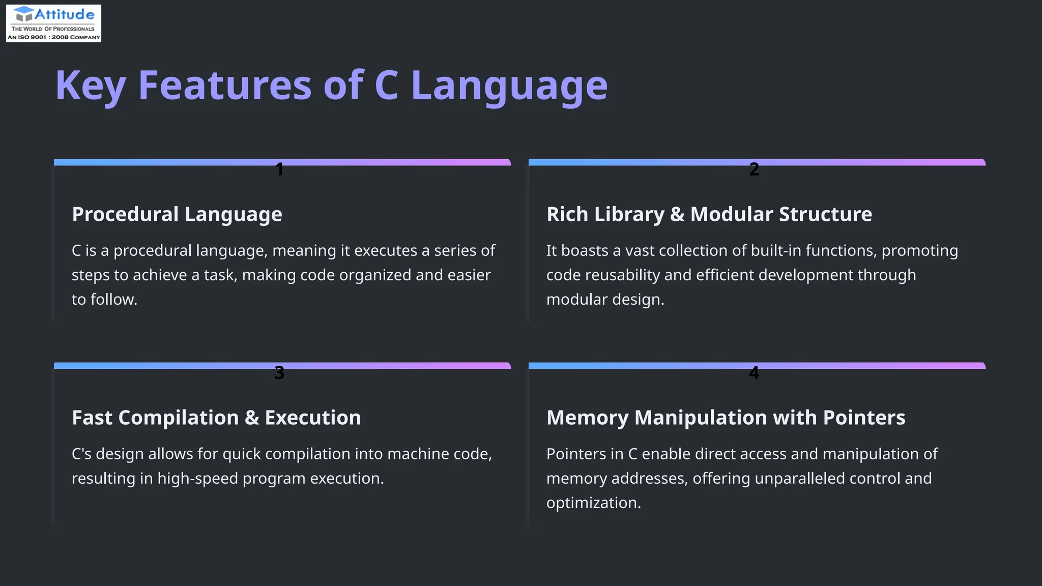 Key Features of C Language 1 Procedural Language C is a procedural language, meaning it executes a series of steps to achieve a task, making code organized and easier to follow. 2 Rich Library & Modular Structure It boasts a vast collection of built-in functions, promoting code reusability and efficient development through modular design. 3 Fast Compilation & Execution C's design allows for quick compilation into machine code, resulting in high-speed program execution. 4 Memory Manipulation with Pointers Pointers in C enable direct access and manipulation of memory addresses, offering unparalleled control and optimization. 