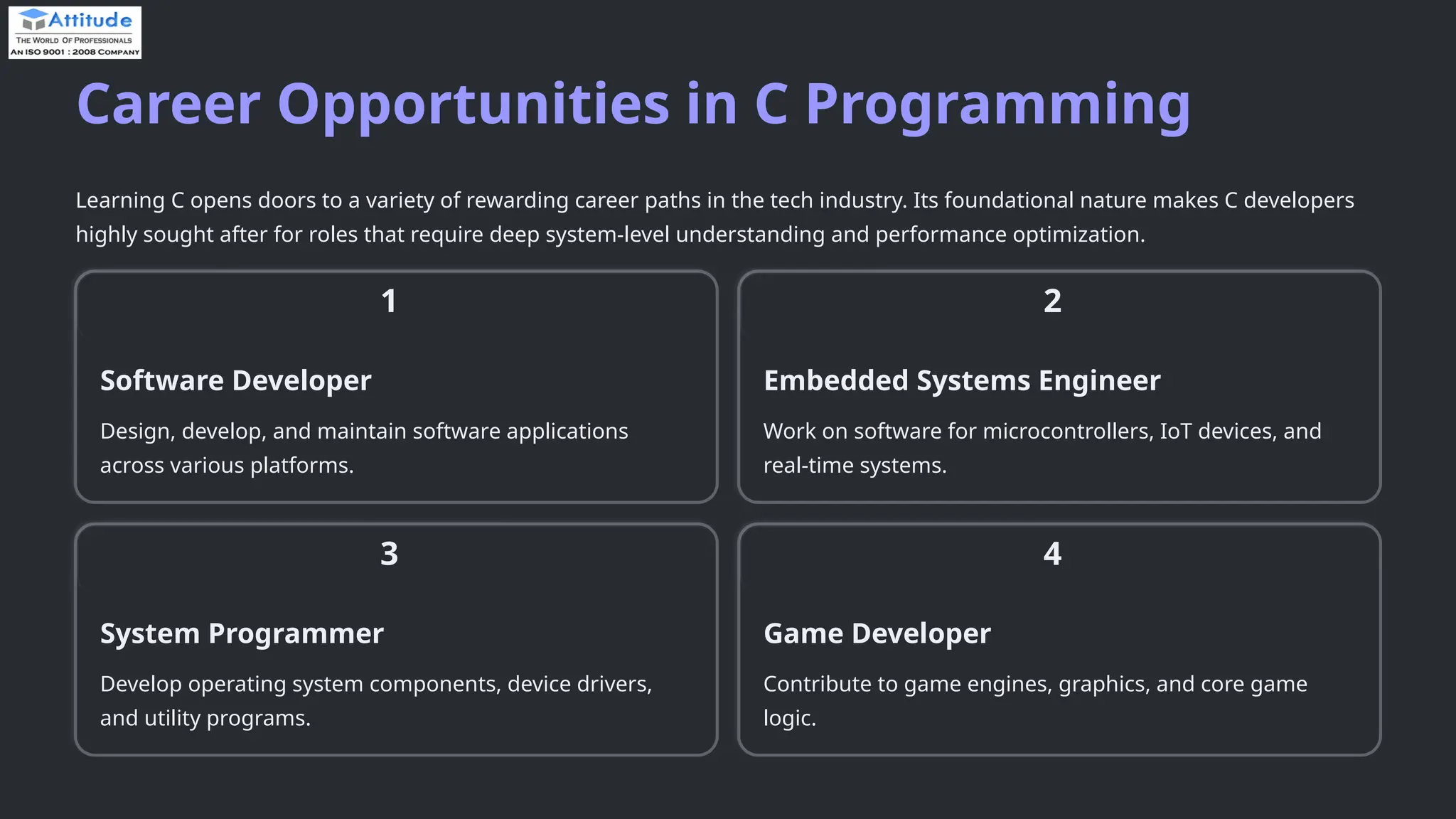 Career Opportunities in C Programming Learning C opens doors to a variety of rewarding career paths in the tech industry. Its foundational nature makes C developers highly sought after for roles that require deep system-level understanding and performance optimization. 1 Software Developer Design, develop, and maintain software applications across various platforms. 2 Embedded Systems Engineer Work on software for microcontrollers, IoT devices, and real-time systems. 3 System Programmer Develop operating system components, device drivers, and utility programs. 4 Game Developer Contribute to game engines, graphics, and core game logic. 