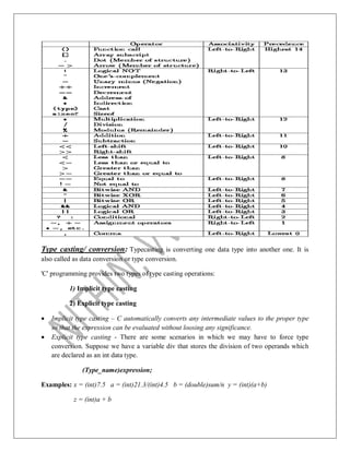 Type casting/ conversion: Typecasting is converting one data type into another one. It is
also called as data conversion or type conversion.
'C' programming provides two types of type casting operations:
1) Implicit type casting
2) Explicit type casting
 Implicit type casting – C automatically converts any intermediate values to the proper type
so that the expression can be evaluated without loosing any significance.
 Explicit type casting - There are some scenarios in which we may have to force type
conversion. Suppose we have a variable div that stores the division of two operands which
are declared as an int data type.
(Type_name)expression;
Examples: x = (int)7.5 a = (int)21.3/(int)4.5 b = (double)sum/n y = (int)(a+b)
z = (int)a + b
 