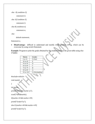 else if( condition-2)
statement-2;
else if( Condition-3)
statement-3;
else if( condition n)
statement-n;
else
default-statement;
Statement-x;
 Disadvantage: difficult to understand and modify when problem is big, which can be
overcome by using switch Statement.
Example: Program to print the grade obtained by the student based on the given table using else-
if ladder.
#include<stdio.h>
void main()
{
int marks;
printf("Enter the marks n");
scanf("%d",&marks);
if(marks>=0 && marks<=39)
printf("Grade Fn");
else if (marks>=40 && marks<=49)
printf("Grade En");
 