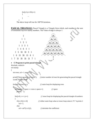 for(j=1;j<=50;j++)
{
…
}
}
The above loop will run for 100*50 iterations.
PASCAL TRIANGLE: Pascal Triangle is a Triangle form which, each number is the sum
of immediate top row nearby numbers. The Value of edge is always 1.
 C Program to print pascal triangle
#include <stdio.h>
int main()
{
int rows, cal = 1, space, i, j;
printf("Enter number of rows: "); //enter number of rows for generating the pascal triangle
scanf("%d",&rows);
for(i=0; i<rows; i++) // outer loop for displaying rows
{
for(space=1; space <= rows-i; space++) // space
printf(" ");
for(j=0; j <= i; j++) // inner loop for displaying the pascal triangle of numbers
{
if (j==0 || i==0) // either outer loop value or inner-loop value is "0 " it prints 1
cal = 1;
else
cal = cal*(i-j+1)/j; //calculate the coefficient
 
