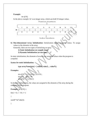 Example:
int a[10];
In the above example ‟a’ is an integer array, which can hold 10 integer values.
b) One-dimensional Array Initialization: Initialization means assigning values. To assign
values to the elements in the array.
Generally, there are two types of initializing an array:
1) Static Initialization (at compile time).
2) Dynamic Initialization (at run time).
In static initialization, the elements of an array are assigned values when the program is
compiled.
Syntax for static Initialization:
type arrayName[size] = {value1, value2,…valueN};
Examples:
int a[10] = {1,2,3,4,5,6,7,8,9,10};
int a[5]; a[2] = 10;
int a[10] = {1,2,3,4,5}
In dynamic initialization, the values are assigned to the elements of the array during the
execution of the program.
Example: int a[10], i;
for(i = 0; i < 10; i++)
{
scanf(“%d”,&a[i]);
}
 