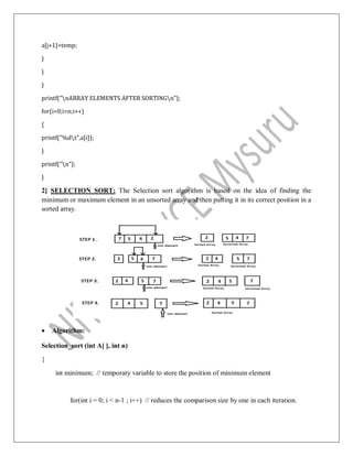 a[j+1]=temp;
}
}
}
printf("nARRAY ELEMENTS AFTER SORTINGn");
for(i=0;i<n;i++)
{
printf("%dt",a[i]);
}
printf("n");
}
2] SELECTION SORT: The Selection sort algorithm is based on the idea of finding the
minimum or maximum element in an unsorted array and then putting it in its correct position in a
sorted array.
 Algorithm:
Selection_sort (int A[ ], int n)
{
int minimum; // temporary variable to store the position of minimum element
for(int i = 0; i < n-1 ; i++) // reduces the comparison size by one in each iteration.
 