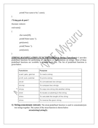 printf("Your name is %s.", name);
}
/*Using gets & puts*/
#include <stdio.h>
void main()
{
char name[20];
printf("Enter name: ");
gets(name);
printf("Name: ");
puts(name);
}
STRING-MANIPULATION FUNCTIONS(Built-in String Functions): C provides
predefined functions for performing all operations or manipulations on strings. Most of these
predefined functions are available in string.h header file. The list of predefined functions is
given below:
1) String-concatenate (strcat): The strcat predefined function is used to concatenate/join
two strings together. The syntax of the strcat function is shown below:
strcat(string1,string2);
 