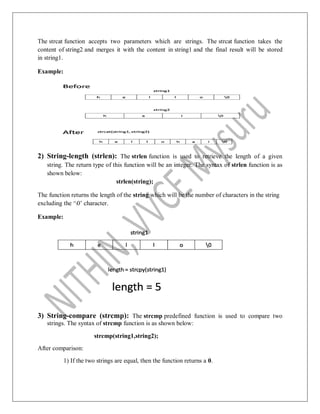 The strcat function accepts two parameters which are strings. The strcat function takes the
content of string2 and merges it with the content in string1 and the final result will be stored
in string1.
Example:
2) String-length (strlen): The strlen function is used to retrieve the length of a given
string. The return type of this function will be an integer. The syntax of strlen function is as
shown below:
strlen(string);
The function returns the length of the string which will be the number of characters in the string
excluding the „0‟ character.
Example:
3) String-compare (strcmp): The strcmp predefined function is used to compare two
strings. The syntax of strcmp function is as shown below:
strcmp(string1,string2);
After comparison:
1) If the two strings are equal, then the function returns a 0.
 