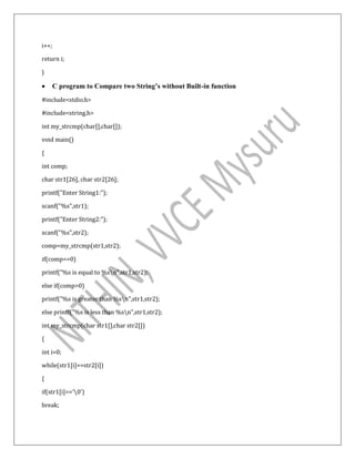 i++;
return i;
}
 C program to Compare two String’s without Built-in function
#include<stdio.h>
#include<string.h>
int my_strcmp(char[],char[]);
void main()
{
int comp;
char str1[26], char str2[26];
printf("Enter String1:");
scanf("%s",str1);
printf("Enter String2:");
scanf("%s",str2);
comp=my_strcmp(str1,str2);
if(comp==0)
printf("%s is equal to %sn",str1,str2);
else if(comp>0)
printf("%s is greater than %sn",str1,str2);
else printf("%s is less than %sn",str1,str2);
int my_strcmp(char str1[],char str2[])
{
int i=0;
while(str1[i]==str2[i])
{
if(str1[i]=='0')
break;
 
