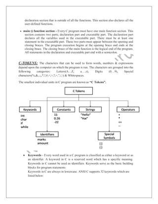 declaration section that is outside of all the functions. This section also declares all the
user-defined functions.
 main () function section - Every C program must have one main function section. This
section contains two parts; declaration part and executable part. The declaration part
declares all the variables used in the executable part. There must be at least one
statement in the executable part. These two parts must appear between the opening and
closing braces. The program execution begins at the opening brace and ends at the
closing brace. The closing brace of the main function is the logical end of the program.
All statements in the declaration and executable part end with a semicolon.
C-TOKENS: The characters that can be used to form words, numbers & expressions
depend upon the computer on which the program is run. The characters are grouped into the
following categories: Letters(A…Z, a….z), Digits (0…9), Special
characters(%,&,:,;,*,!,#,<,>,?,=,”,/,) & Whitespaces.
The smallest individual units in C program are known as “C Tokens”.
 Keywords - Every word used in a C program is classified as either a keyword or as
an identifier. A keyword in C is a reserved word which has a specific meaning.
Keywords in C cannot be used as identifiers. Keywords serve as the basic building
blocks for program statements
Keywords in C are always in lowercase. ANSI C supports 32 keywords which are
listed below:
 