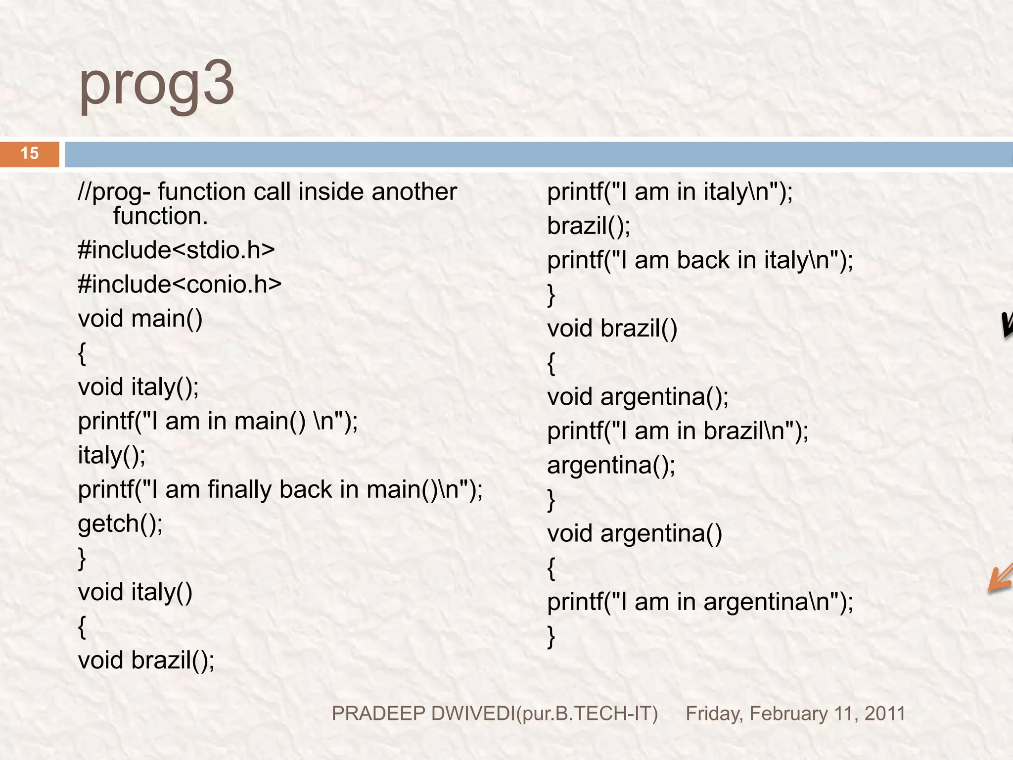 return KEYWORDFriday, February 11, 2011PRADEEP DWIVEDI(pur.B.TECH-IT)16return is a keyword with the help of that we return a value and a value is always returned where from the function being called. in the case of main() function value is return to the compiler. because main() function called by the compiler.