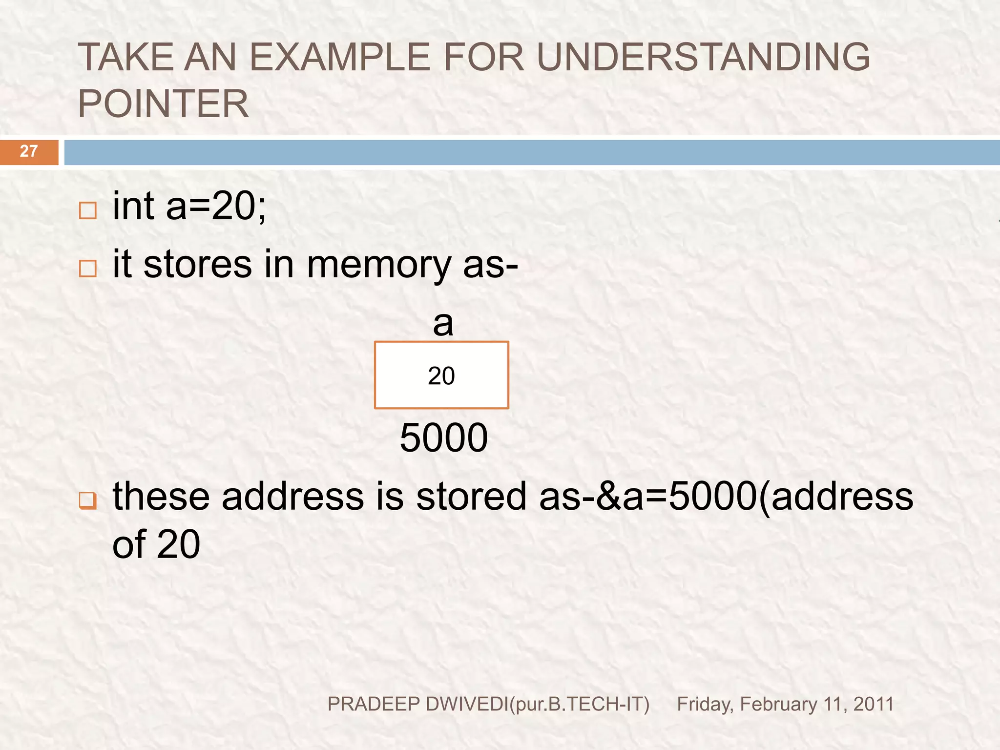 TAKE AN EXAMPLE FOR UNDERSTANDING POINTERFriday, February 11, 2011PRADEEP DWIVEDI(pur.B.TECH-IT)28to store the address we declare a pointer variable-int *p; p=&a;(p is a pointer variable which holds the address)*p=25;(means this stores the 25 at address 5000)integer pointer variable declaration p=5000value at address