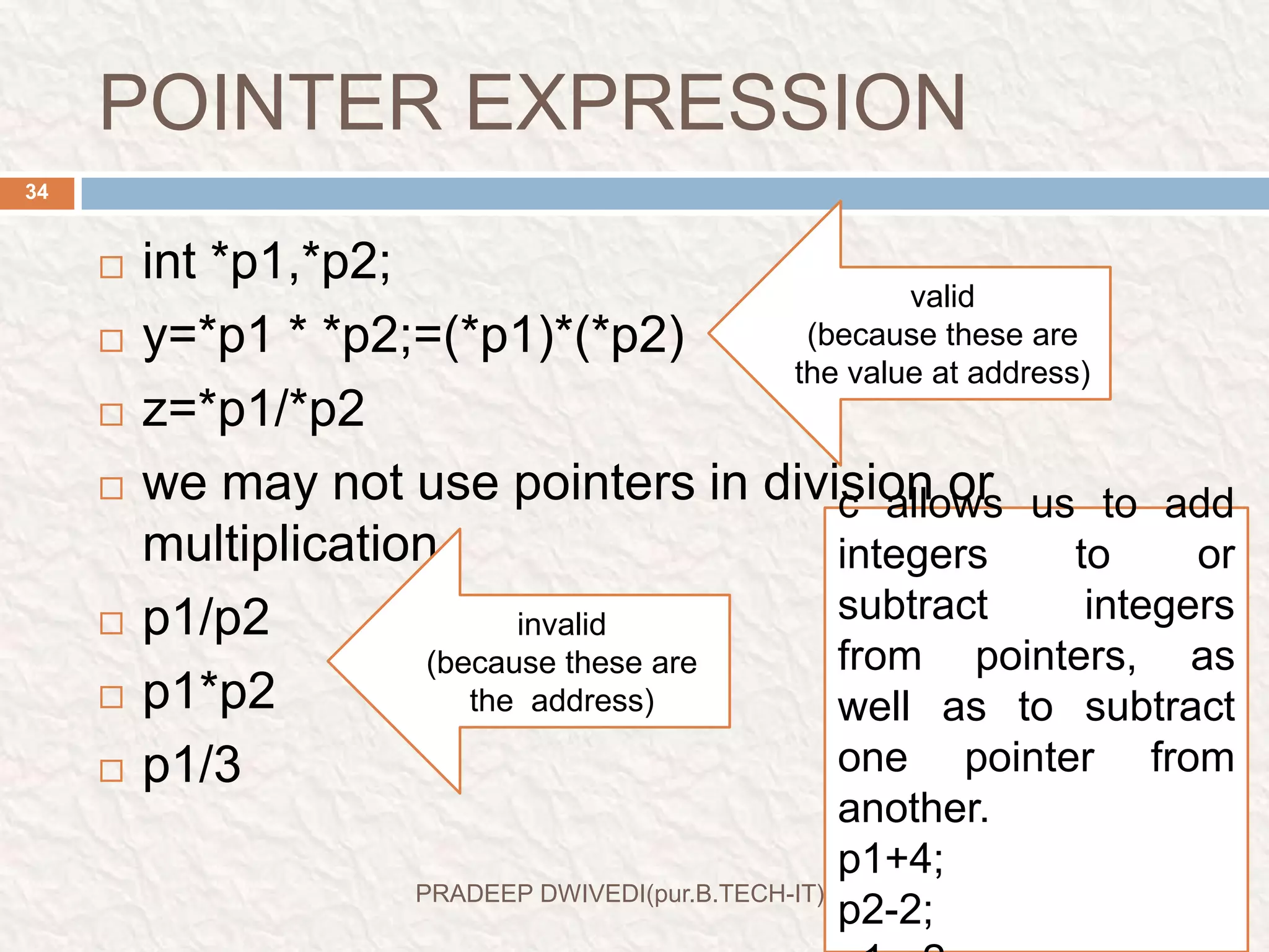 RULES FOR POINTER OPERATIONFriday, February 11, 2011PRADEEP DWIVEDI(pur.B.TECH-IT)35a pointer variable can be assigned the address of another variable.a pointer variable can be assigned the value of another pointer variable.a pointer variable can be assigned with zero or NULL value.a pointer variable can prefixed or post fixed with increment or decrement operator.an integer value may be added or subtract a pointer variable.when two pointer point to the same array, one pointer variable can be subtracted from another.when two pointer points to the object of same data types, they can be compared using relational operator.a pointer variable can’t be multiplied by a constant.two pointer variable can’t be addeda value can not be assigned to an arbitary address.		(i.e.   & =10   is illegal)
