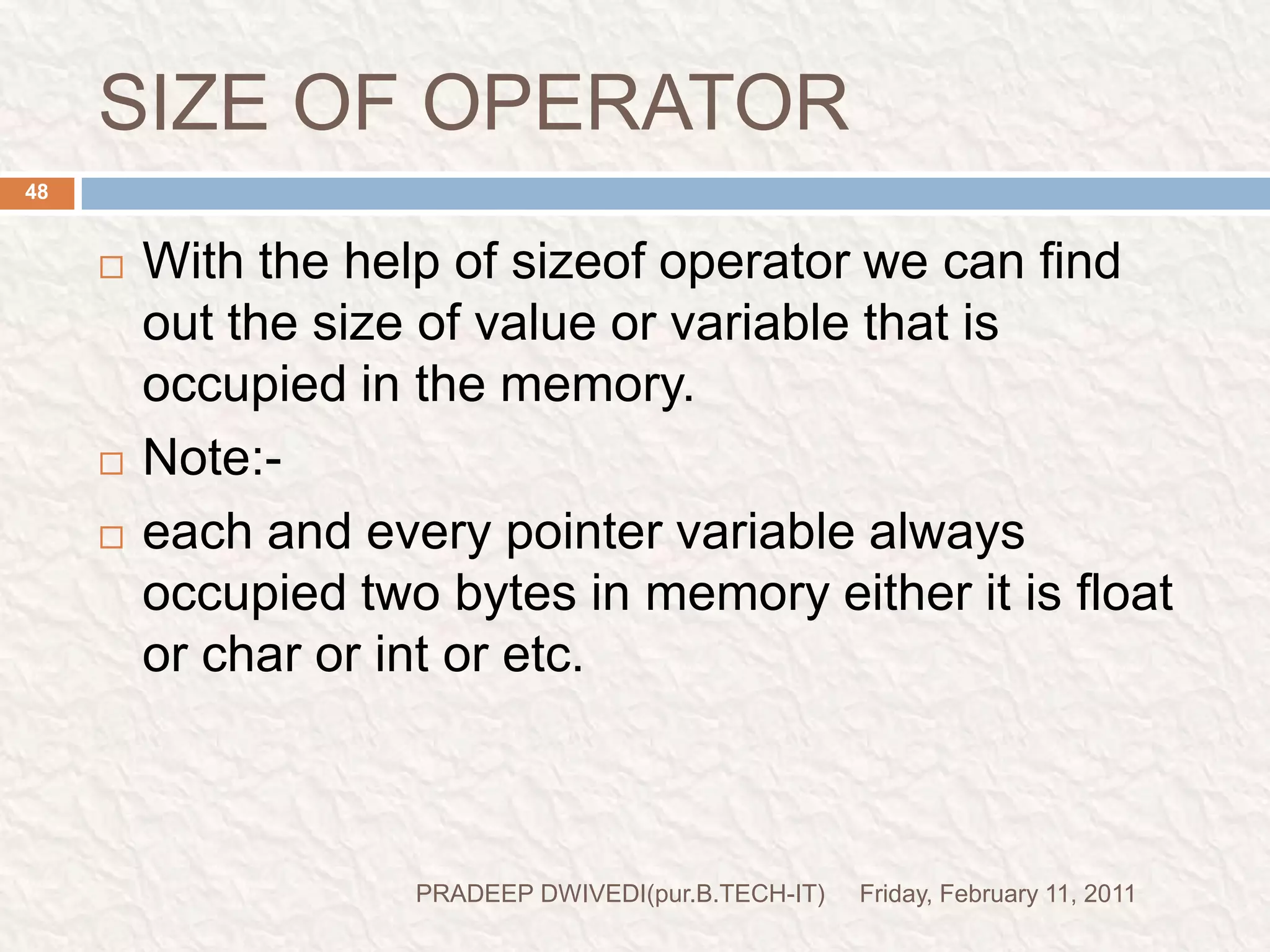 CALL BY REFERENCEFriday, February 11, 2011PRADEEP DWIVEDI(pur.B.TECH-IT)50 when we pass address as a function  parameter this is called call by reference.in call by reference, if we make some changes into the called function, these changes will also be appeared in the calling function. because they don’t  maintain the separate copy of the variables.