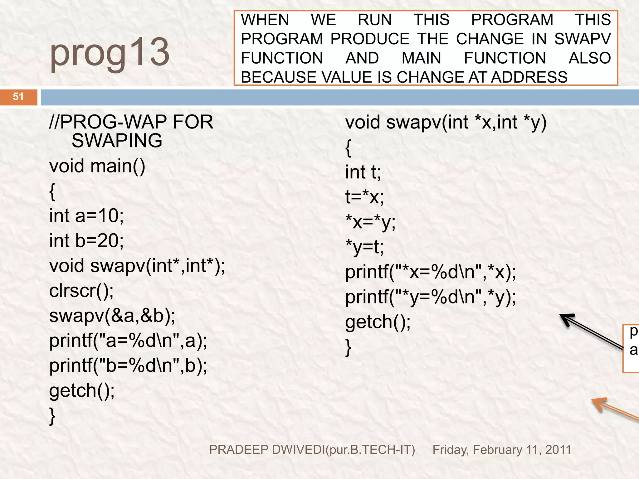 prog14//PROG- TO FIND THE MAXIMUM NUMBER#include<stdio.h>#include<conio.h>int *larger(int*,int*);//prototypevoid main(){int a=10;int b=20;int *p;clrscr();p=larger(&a,&b);//function callprintf("Greater number is:  %d",*p);getch();}int *larger(int *x,int *y){if(*x>*y)return(x);//address of aelsereturn(y);//address of b}Friday, February 11, 201153PRADEEP DWIVEDI(pur.B.TECH-IT)try  to under stand it self