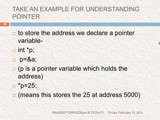 POINTER DECLARATION STYLEFriday, February 11, 2011PRADEEP DWIVEDI(pur.B.TECH-IT)29pointer variables are declared similarly as normal variables except for the addition of unary * operator.this symbol can appear anywhere between the type name and the pointer variable name.programmers use the following styles-int*       p;int   *p;int     *     p;style 1style 2(generally used)style 3