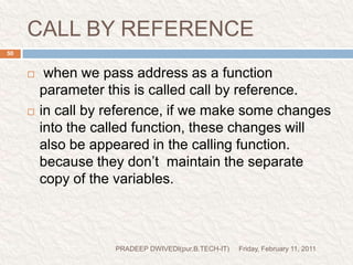 FUNCTION RETURNING POINTERFriday, February 11, 2011PRADEEP DWIVEDI(pur.B.TECH-IT)52When we declare  a function as pointer type then function return pointer type value (address ).