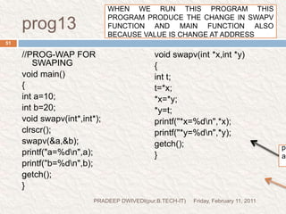 prog14//PROG- TO FIND THE MAXIMUM NUMBER#include<stdio.h>#include<conio.h>int *larger(int*,int*);//prototypevoid main(){int a=10;int b=20;int *p;clrscr();p=larger(&a,&b);//function callprintf("Greater number is:  %d",*p);getch();}int *larger(int *x,int *y){if(*x>*y)return(x);//address of aelsereturn(y);//address of b}Friday, February 11, 201153PRADEEP DWIVEDI(pur.B.TECH-IT)try  to under stand it self