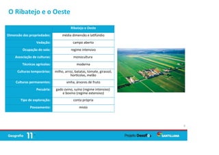 O Ribatejo e o Oeste
9
Ribatejo e Oeste
Dimensão das propriedades: média dimensão e la fúndio
Vedação: campo aberto
Ocupação do solo: regime intensivo
Associação de culturas: monocultura
Técnicas agrícolas: moderna
Culturas temporárias: milho, arroz, batatas, tomate, girassol,
hor colas, melão
Culturas permanentes: vinha, árvores de fruto
Pecuária: gado ovino, suíno (regime intensivo)
e bovino (regime extensivo)
Tipo de exploração: conta própria
Povoamento: misto
 