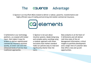 C-Q Elements is our technology
platform, co-created with broker
input, that makes it easy for
brokers to deliver sophisticated
commercial insurance solutions
quickly, at lower cost and with
enhanced levels of service than
traditional approaches.
The Advantage
C-Quence is an InsurTech MGA created to deliver a radical, powerful, transformative and
highly efficient way of trading and servicing mid market commercial insurance.
C-Quence is not just about
intuitive systems. Modernising long
and complex policy wordings using
a modular approach with fewer
exclusions than market standard
make our policies easy to read and
significantly shorter than the
norm.
Data analytics is at the heart of
C-Q Elements and will deliver
real-time state of the art
Management Information; critical
insights to portfolio development
and a single view of customer data
that offers cross and up-sell
opportunities.
 