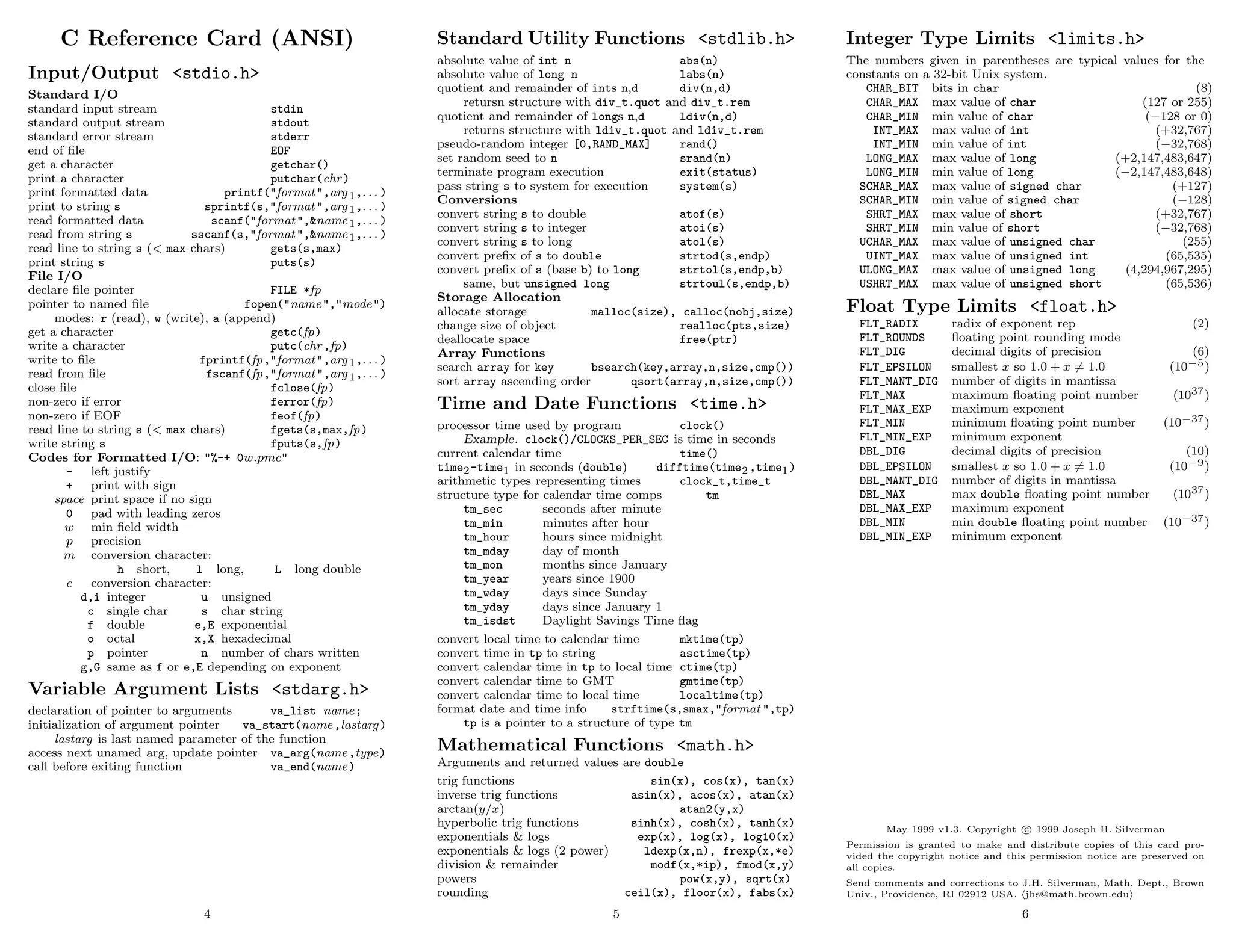 C Reference Card (ANSI)                                         Standard Utility Functions <stdlib.h>                             Integer Type Limits <limits.h>
                                                                      absolute value of int n                   abs(n)                  The numbers given in parentheses are typical values for the
Input/Output <stdio.h>                                                absolute value of long n                  labs(n)                 constants on a 32-bit Unix system.
                                                                      quotient and remainder of ints n,d        div(n,d)                   CHAR_BIT bits in char                                  (8)
Standard I/O
                                                                           retursn structure with div_t.quot and div_t.rem                 CHAR_MAX max value of char                   (127 or 255)
standard input stream                       stdin
                                                                      quotient and remainder of longs n,d       ldiv(n,d)                  CHAR_MIN min value of char                    (−128 or 0)
standard output stream                      stdout
                                                                           returns structure with ldiv_t.quot and ldiv_t.rem                INT_MAX max value of int                       (+32,767)
standard error stream                       stderr
                                                                      pseudo-random integer [0,RAND_MAX]        rand()                      INT_MIN min value of int                       (−32,768)
end of ﬁle                                  EOF
                                                                      set random seed to n                      srand(n)                   LONG_MAX max value of long              (+2,147,483,647)
get a character                             getchar()
                                                                      terminate program execution               exit(status)               LONG_MIN min value of long              (−2,147,483,648)
print a character                           putchar(chr )
                                                                      pass string s to system for execution     system(s)                 SCHAR_MAX max value of signed char                  (+127)
print formatted data                printf("format ",arg 1 ,. . . )
                                                                      Conversions                                                         SCHAR_MIN min value of signed char                  (−128)
print to string s               sprintf(s,"format ",arg 1 ,. . . )
                                                                      convert string s to double                atof(s)                    SHRT_MAX max value of short                     (+32,767)
read formatted data               scanf("format ",&name 1 ,. . . )
                                                                      convert string s to integer               atoi(s)                    SHRT_MIN min value of short                     (−32,768)
read from string s           sscanf(s,"format ",&name 1 ,. . . )
                                                                      convert string s to long                  atol(s)                   UCHAR_MAX max value of unsigned char                  (255)
read line to string s (< max chars)         gets(s,max)
                                                                      convert preﬁx of s to double              strtod(s,endp)             UINT_MAX max value of unsigned int                (65,535)
print string s                              puts(s)
                                                                      convert preﬁx of s (base b) to long       strtol(s,endp,b)          ULONG_MAX max value of unsigned long       (4,294,967,295)
File I/O
                                                                           same, but unsigned long              strtoul(s,endp,b)         USHRT_MAX max value of unsigned short             (65,536)
declare ﬁle pointer                         FILE *fp
                                                                      Storage Allocation
pointer to named ﬁle                   fopen("name ","mode ")
                                                                      allocate storage            malloc(size), calloc(nobj,size)       Float Type Limits <float.h>
     modes: r (read), w (write), a (append)                                                                                               FLT_RADIX         radix of exponent rep                          (2)
                                                                      change size of object                     realloc(pts,size)
get a character                             getc(fp)                                                                                      FLT_ROUNDS        ﬂoating point rounding mode
                                                                      deallocate space                          free(ptr)
write a character                           putc(chr ,fp)                                                                                 FLT_DIG           decimal digits of precision                   (6)
                                                                      Array Functions
write to ﬁle                   fprintf(fp,"format ",arg 1 ,. . . )
                                                                      search array for key        bsearch(key,array,n,size,cmp())         FLT_EPSILON       smallest x so 1.0 + x = 1.0                (10−5 )
read from ﬁle                    fscanf(fp,"format ",arg 1 ,. . . )
                                                                      sort array ascending order        qsort(array,n,size,cmp())         FLT_MANT_DIG      number of digits in mantissa
close ﬁle                                   fclose(fp)
                                                                                                                                          FLT_MAX           maximum ﬂoating point number               (1037 )
non-zero if error                           ferror(fp)                Time and Date Functions <time.h>                                    FLT_MAX_EXP       maximum exponent
non-zero if EOF                             feof(fp)
                                                                      processor time used by program              clock()                 FLT_MIN           minimum ﬂoating point number             (10−37 )
read line to string s (< max chars)         fgets(s,max,fp )
                                                                           Example. clock()/CLOCKS_PER_SEC is time in seconds             FLT_MIN_EXP       minimum exponent
write string s                              fputs(s,fp )
                                                                      current calendar time                       time()                  DBL_DIG           decimal digits of precision                   (10)
Codes for Formatted I/O: "%-+ 0w.pmc"
       - left justify                                                 time2 -time1 in seconds (double)        difftime(time2 ,time1 )     DBL_EPSILON       smallest x so 1.0 + x = 1.0                (10−9 )
       + print with sign                                              arithmetic types representing times         clock_t,time_t          DBL_MANT_DIG      number of digits in mantissa
     space print space if no sign                                     structure type for calendar time comps          tm                  DBL_MAX           max double ﬂoating point number            (1037 )
       0 pad with leading zeros                                            tm_sec        seconds after minute                             DBL_MAX_EXP       maximum exponent
       w min ﬁeld width                                                    tm_min        minutes after hour                               DBL_MIN           min double ﬂoating point number          (10−37 )
       p precision                                                         tm_hour       hours since midnight                             DBL_MIN_EXP       minimum exponent
       m conversion character:                                             tm_mday       day of month
                 h short,      l long,       L long double                 tm_mon        months since January
       c    conversion character:                                          tm_year       years since 1900
          d,i integer           u unsigned                                 tm_wday       days since Sunday
           c single char        s char string                              tm_yday       days since January 1
           f double           e,E exponential                              tm_isdst      Daylight Savings Time ﬂag
           o octal            x,X hexadecimal                         convert local time to calendar time         mktime(tp)
           p pointer            n number of chars written             convert time in tp to string                asctime(tp)
          g,G same as f or e,E depending on exponent                  convert calendar time in tp to local time ctime(tp)
                                                                      convert calendar time to GMT                gmtime(tp)
Variable Argument Lists <stdarg.h>                                    convert calendar time to local time         localtime(tp)
declaration of pointer to arguments       va_list name;               format date and time info       strftime(s,smax,"format ",tp)
initialization of argument pointer   va_start(name ,lastarg )              tp is a pointer to a structure of type tm
     lastarg is last named parameter of the function
access next unamed arg, update pointer va_arg(name ,type)             Mathematical Functions <math.h>
call before exiting function              va_end(name )               Arguments and returned values are double
                                                                      trig functions                     sin(x), cos(x), tan(x)
                                                                      inverse trig functions         asin(x), acos(x), atan(x)
                                                                      arctan(y/x)                            atan2(y,x)
                                                                      hyperbolic trig functions      sinh(x), cosh(x), tanh(x)                 May 1999 v1.3. Copyright c 1999 Joseph H. Silverman
                                                                      exponentials & logs             exp(x), log(x), log10(x)
                                                                                                                                        Permission is granted to make and distribute copies of this card pro-
                                                                      exponentials & logs (2 power)     ldexp(x,n), frexp(x,*e)         vided the copyright notice and this permission notice are preserved on
                                                                      division & remainder               modf(x,*ip), fmod(x,y)         all copies.
                                                                      powers                                 pow(x,y), sqrt(x)          Send comments and corrections to J.H. Silverman, Math. Dept., Brown
                                                                      rounding                      ceil(x), floor(x), fabs(x)          Univ., Providence, RI 02912 USA. jhs@math.brown.edu

                                4                                                                   5                                                                     6
 