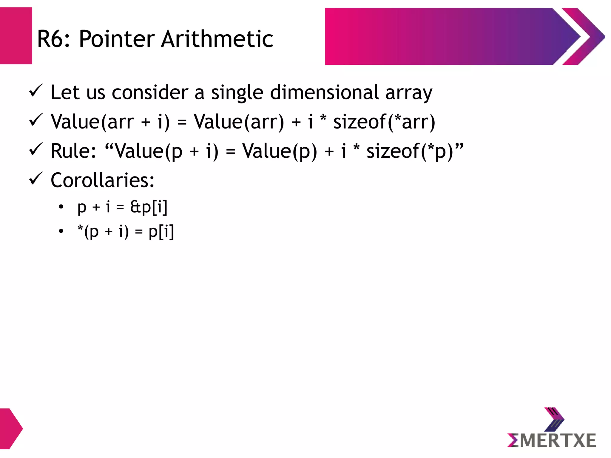 Array: Definition
Example
To declare an array to store ages of 5 people
int age[ 5 ] = {10, 20, 30, 40, 50};
Memory Allocation
10 20 30 40 50
age[0]
age[4]
age[3]
age[2]
age[1]
100 104 108 112 116

DIY : Write a program to add all the elements of the array.
 