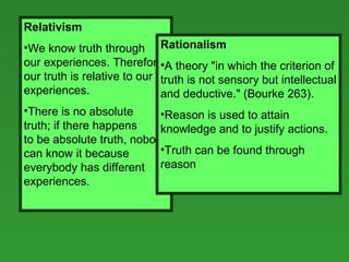 Relativism We know truth through  our experiences. Therefore, our truth is relative to our  experiences.  There is no absolute  truth; if there happens  to be absolute truth, nobody can know it because everybody has different experiences.  Rationalism A theory "in which the criterion of truth is not sensory but intellectual and deductive." (Bourke 263).  Reason is used to attain knowledge and to justify actions. Truth can be found through reason 