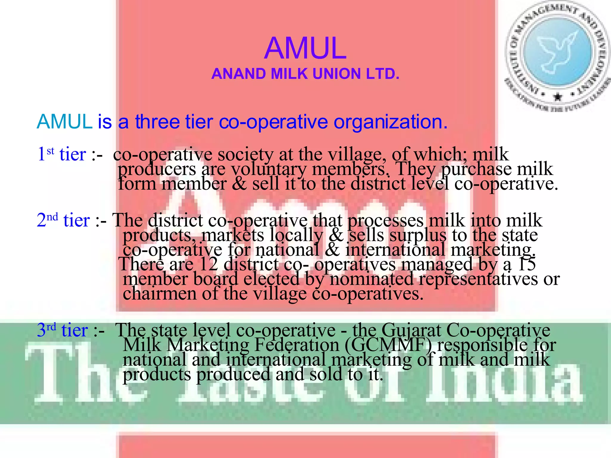 AMUL ANAND MILK UNION LTD. AMUL   is a three tier co-operative organization.   1 st  tier  :-  co-operative society at the village, of which; milk    producers are voluntary members. They purchase milk    form member & sell it to the district level co-operative. 2 nd  tier  :- The district co-operative that processes milk into milk    products, markets locally & sells surplus to the state    co-operative for national & international marketing.    There are 12 district co- operatives managed by a 15    member board elected by nominated representatives or    chairmen of the village co-operatives. 3 rd  tier  :-  The state level co-operative - the Gujarat Co-operative    Milk Marketing Federation (GCMMF) responsible for    national and international marketing of milk and milk    products produced and sold to it.  