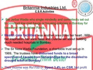 Britannia Industries Ltd. C S R Activities   Bai Jerbai Wadia who single mindedly and commitedly set out to construct low cost baugs or housing colonies in Bombay for lower and middle-class Parsis .   Health care facilities   was another area close her heart . With her inspiration, her sons Ness and Cusrow set about building much needed hospitals in Bombay. The Sir Ness Wadia Foundation, a charitable trust set up in 1969 .  The trustees have  disbursed funds to a broad spectrum of causes from scholarships for the disabled to drought relief in Bombay. Their income was Rs1700 cr.  Spent 3.4% on CSR . Net profit was Rs.150 cr.  Karmayog CSR rating – 2/5 Principal CSR activity done in :-  healthcare, disaster, general donations 