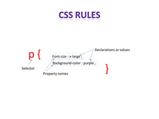 Font-size : x-large ; p { Background-color : purple ; } Selector Property names Declarations or values 