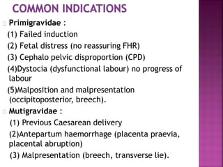 Primigravidae :
(1) Failed induction
(2) Fetal distress (no reassuring FHR)
(3) Cephalo pelvic disproportion (CPD)
(4)Dystocia (dysfunctional labour) no progress of
labour
(5)Malposition and malpresentation
(occipitoposterior, breech).
Mutigravidae :
(1) Previous Caesarean delivery
(2)Antepartum haemorrhage (placenta praevia,
placental abruption)
(3) Malpresentation (breech, transverse lie).
 