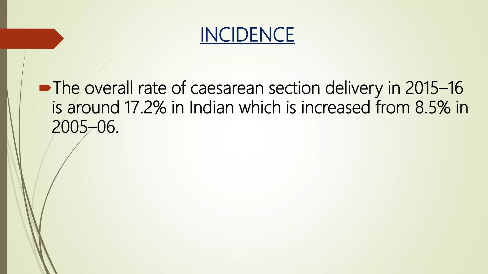 INCIDENCE
The overall rate of caesarean section delivery in 2015–16
is around 17.2% in Indian which is increased from 8.5% in
2005–06.
 