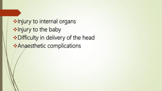 Injury to internal organs
Injury to the baby
Difficulty in delivery of the head
Anaesthetic complications
 