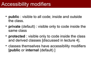 Accessibility modifiers

 
     public : visible to all code; inside and outside
     the class.
 
     private (default) : visible only to code inside the
     same class
 
     protected : visible only to code inside the class
     and derived classes [discussed in lecture 4].
 
     classes themselves have accessibility modifiers
     [public or internal (default) ]
 