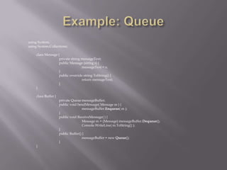 using System;
using System.Collections;
class Message {
private string messageText;
public Message (string s) {
messageText = s;
}
public override string ToString() {
return messageText;
}
}
class Buffer {
private Queue messageBuffer;
public void SendMessage( Message m ) {
messageBuffer.Enqueue( m );
}
public void ReceiveMessage( ) {
Message m = (Message) messageBuffer.Dequeue();
Console.WriteLine( m.ToString() );
}
public Buffer() {
messageBuffer = new Queue();
}
}
 