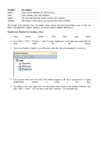 Modifier Description
sealed Class can't be inherited by a derived class.
static Class contains only static members.
unsafe The class that has some unsafe construct likes pointers.
Abstract The instance of the class is not created if the Class is abstract.
The baselist is the inherited class. By default, classes inherit from the System.Object type. A class can
inherit and implement multiple interfaces but doesn't support multiple inheritances.
Step-by-step Tutorial for Creating a Class
1. Open Visual Studio 2010 from start menu.
2. Go to "File" > "New" > "Project...", select "Console Application" in the right pane and provide the
name "oops" for the project.
3. Then in the Solution Explorer, you will notice some files that are automatically created as,
4. You can also write your own code in the default program.cs file that is created but it is a good
programming practice to create a new class.
5. For adding a new class, right-click over the project name (oops) in the Solution Explorer, then
click "Add" > "Class". Give the name to the class "customer" as in the following;
 