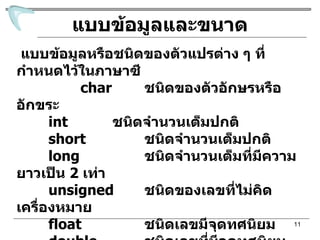 แบบข้อมูลและขนาด แบบข้อมูลหรือชนิดของตัวแปรต่าง ๆ ที่กำหนดไว้ในภาษาซี char ชนิดของตัวอักษรหรืออักขระ int ชนิดจำนวนเต็มปกติ short ชนิดจำนวนเต็มปกติ long  ชนิดจำนวนเต็มที่มีความยาวเป็น  2  เท่า unsigned ชนิดของเลขที่ไม่คิดเครื่องหมาย float  ชนิดเลขมีจุดทศนิยม double ชนิดเลขที่มีจุดทศนิยมความยาวเป็น  2  เท่า 