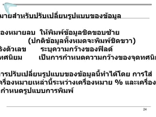 เครื่องหมายสำหรับปรับเปลี่ยนรูปแบบของข้อมูล เครื่องหมายลบ  ให้พิมพ์ข้อมูลชิดขอบซ้าย  ( ปกติข้อมูลทั้งหมดจะพิมพ์ชิดขวา ) สตริงตัวเลข  ระบุความกว้างของฟิลด์ จุดทศนิยม  เป็นการกำหนดความกว้างของจุดทศนิยม Note   การปรับเปลี่ยนรูปแบบของข้อมูลนี้ทำได้โดย การใส่ เครื่องหมายเหล่านี้ระหว่างเครื่องหมาย  %   และเครื่องหมาย ที่กำหนดรูปแบบการพิมพ์ 