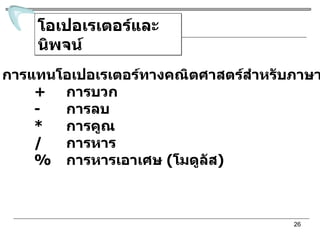 โอเปอเรเตอร์และนิพจน์ การแทนโอเปอเรเตอร์ทางคณิตศาสตร์สำหรับภาษาซี + การบวก - การลบ * การคูณ / การหาร % การหารเอาเศษ  ( โมดูลัส ) 