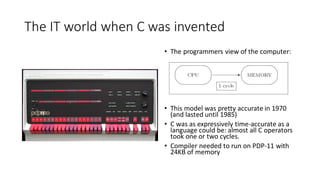 The IT world when C was invented
• The programmers view of the computer:
• This model was pretty accurate in 1970
(and lasted until 1985)
• C was as expressively time-accurate as a
language could be: almost all C operators
took one or two cycles.
• Compiler needed to run on PDP-11 with
24KB of memory
 