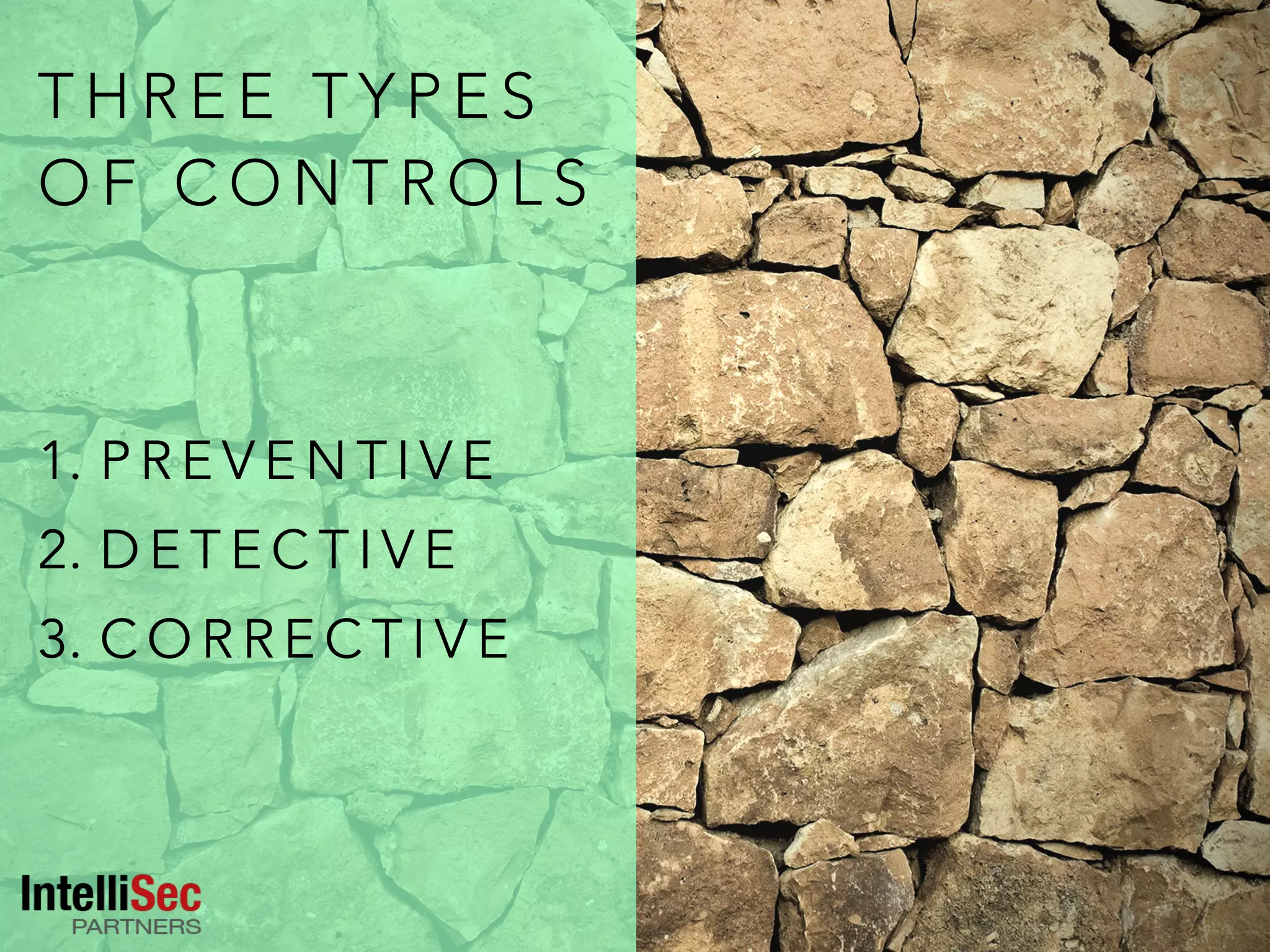 T H R E E T Y P E S
O F C O N T R O L S
1. P R E V E N T I V E
2. D E T E C T I V E
3. C O R R E C T I V E
 