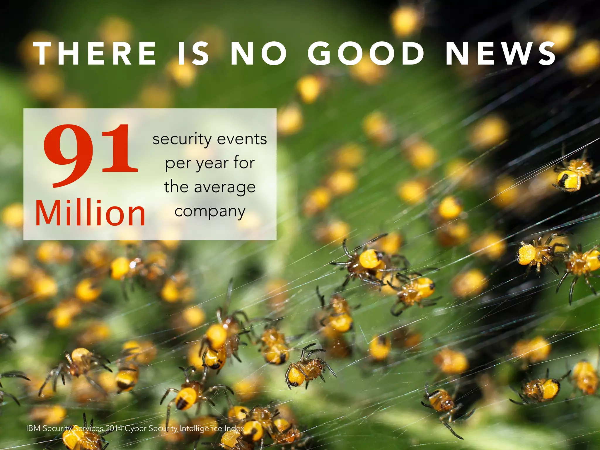 IBM Security Services 2014 Cyber Security Intelligence Index
91 
Million
security events
per year for
the average
company
T H E R E I S N O G O O D N E W S
 