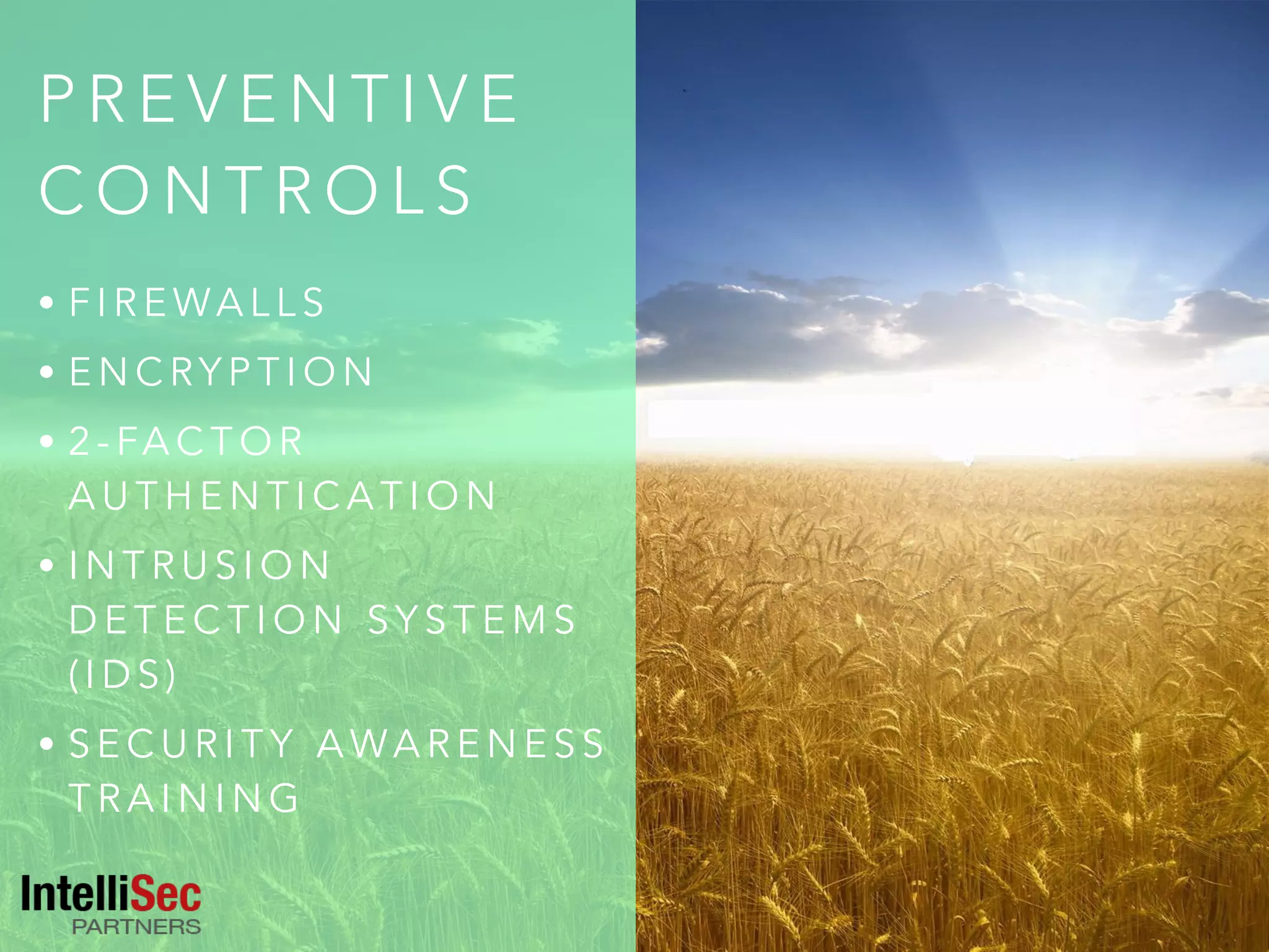 P R E V E N T I V E
C O N T R O L S
• F I R E WA L L S
• E N C RY P T I O N
• 2 - FA C T O R
A U T H E N T I C A T I O N
• I N T R U S I O N
D E T E C T I O N S Y S T E M S
( I D S )
• S E C U R I T Y A WA R E N E S S
T R A I N I N G
 