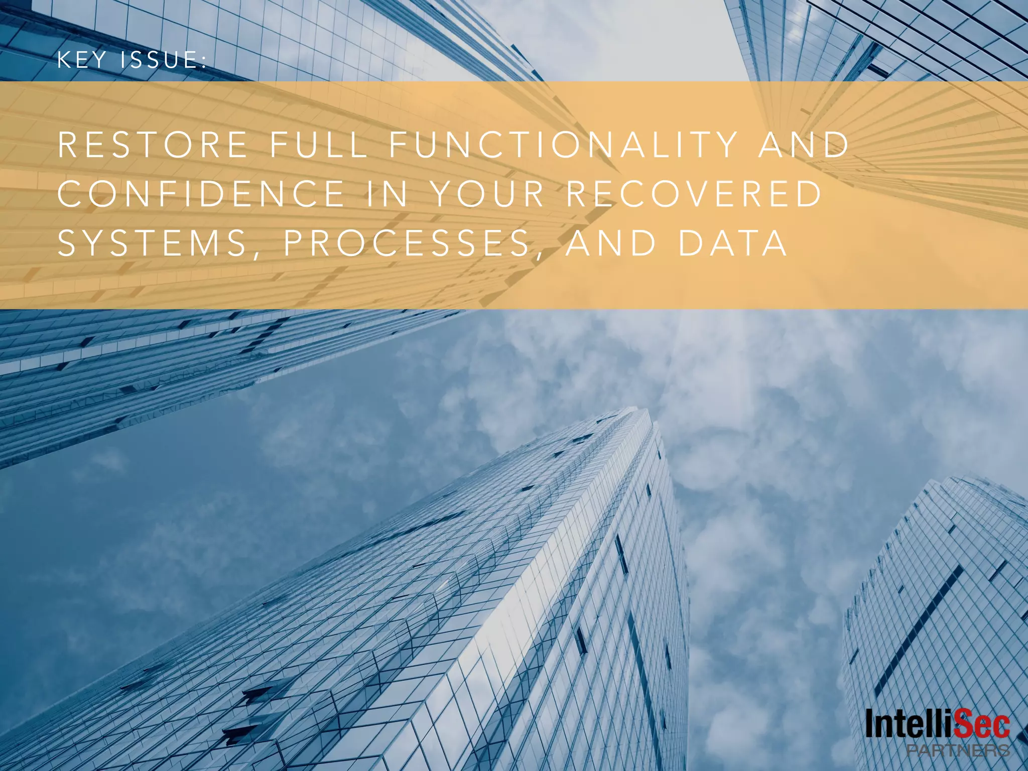 K E Y I S S U E :
R E S T O R E F U L L F U N C T I O N A L I T Y A N D
C O N F I D E N C E I N Y O U R R E C O V E R E D
S Y S T E M S , P R O C E S S E S , A N D D ATA
 