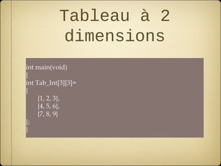 Tableau à 2
           dimensions
int main(void)
{
int Tab_Int[3][3]=
{
     {1, 2, 3},
     {4, 5, 6},
     {7, 8, 9}
};
}
 