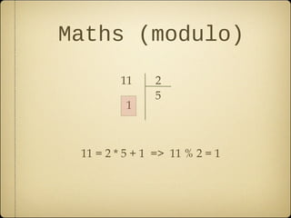 Maths (modulo)
        11     2
               5
          1



 11 = 2 * 5 + 1 => 11 % 2 = 1
 