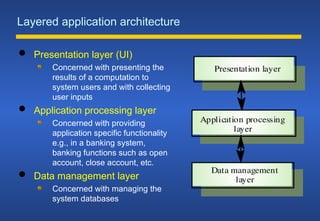 Layered application architecture
 Presentation layer (UI)
Concerned with presenting the
results of a computation to
system users and with collecting
user inputs
 Application processing layer
Concerned with providing
application specific functionality
e.g., in a banking system,
banking functions such as open
account, close account, etc.
 Data management layer
Concerned with managing the
system databases
Presentation layer
Application processing
layer
Data management
layer
 