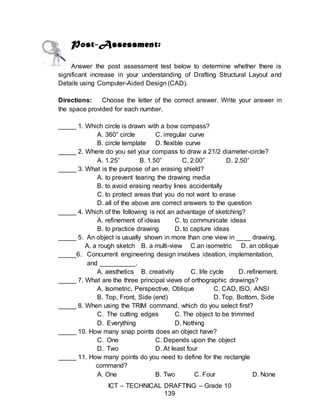ICT – TECHNICAL DRAFTING – Grade 10
139
Post-Assessment:
Answer the post assessment test below to determine whether there is
significant increase in your understanding of Drafting Structural Layout and
Details using Computer-Aided Design (CAD).
Directions: Choose the letter of the correct answer. Write your answer in
the space provided for each number.
_____ 1. Which circle is drawn with a bow compass?
A. 360° circle C. irregular curve
B. circle template D. flexible curve
_____ 2. Where do you set your compass to draw a 21/2 diameter-circle?
A. 1.25” B. 1.50” C. 2.00” D. 2.50”
_____ 3. What is the purpose of an erasing shield?
A. to prevent tearing the drawing media
B. to avoid erasing nearby lines accidentally
C. to protect areas that you do not want to erase
D. all of the above are correct answers to the question
_____ 4. Which of the following is not an advantage of sketching?
A. refinement of ideas C. to communicate ideas
B. to practice drawing D. to capture ideas
_____ 5. An object is usually shown in more than one view in ____ drawing.
A. a rough sketch B. a multi-view C.an isometric D. an oblique
_____6. Concurrent engineering design involves ideation, implementation,
and __________.
A. aesthetics B. creativity C. life cycle D. refinement.
_____ 7. What are the three principal views of orthographic drawings?
A. Isometric, Perspective, Oblique C. CAD, ISO, ANSI
B. Top, Front, Side (end) D. Top, Bottom, Side
_____ 8. When using the TRIM command, which do you select first?
C. The cutting edges C. The object to be trimmed
D. Everything D. Nothing
_____ 10. How many snap points does an object have?
C. One C. Depends upon the object
D. Two D. At least four
_____ 11. How many points do you need to define for the rectangle
command?
A. One B. Two C. Four D. None
 