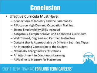 Conclusion
• Effective Curricula Must Have:
– Connections to Industry and the Community
– A Focus on High Demand Occupation Training
– Strong Employability Skills Included
– A Rigorous, Comprehensive, and Connected Curriculum
– Well Trained, Degreed and Certified Instructors
– Content that is Approachable by Different Learning Types
– An Interesting Connection to the Student
– Nationally Recognized Certifications
– An Attachment to Continuous Learning
– A Pipeline to Industry for Placement
 